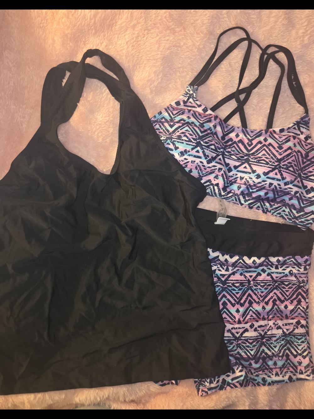 3pc Set - Black Tankini Top with Purple Pink & Teal Bikini Set - New Size M
